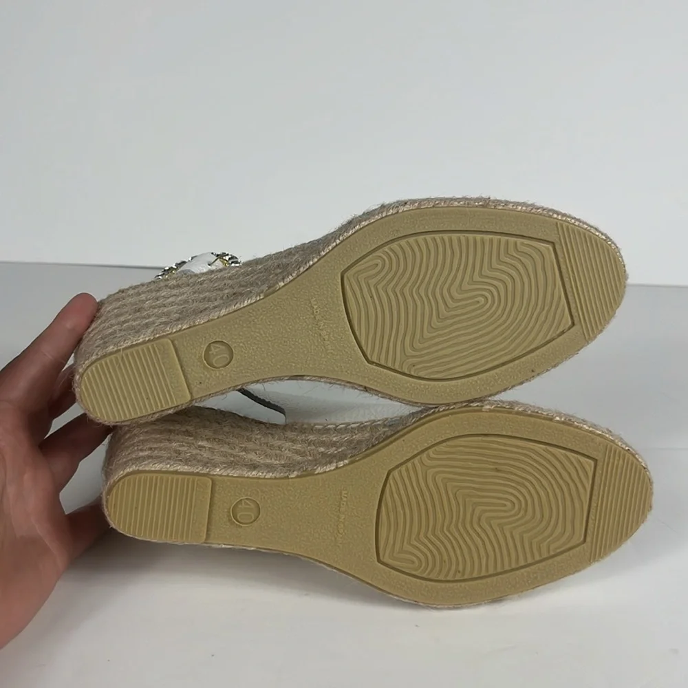 Maypol White Pebbled Leather Peep Toe Espadrille Wedge Rhinestone Buckle SZ 40 - Picture 9 of 10